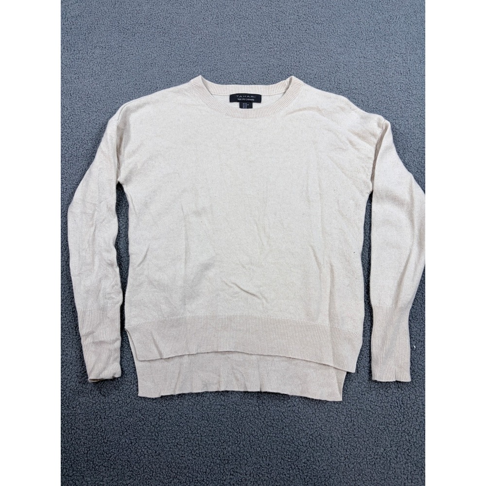 Tahari Sweater Women XS Beige 100% 2-Ply Cashmere Crewneck High Low Side Slit